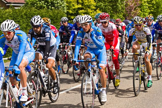 Competitors and following teams in the Giro dItalia passing by on a polderroad i