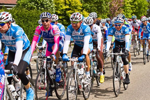 Competitors and following teams in the Giro dItalia passing by on a polderroad i