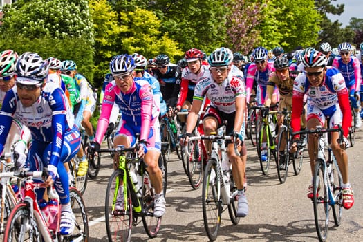 Competitors and following teams in the Giro dItalia passing by on a polderroad i