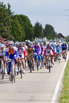 Competitors and following teams in the Giro dItalia passing by on a polderroad i