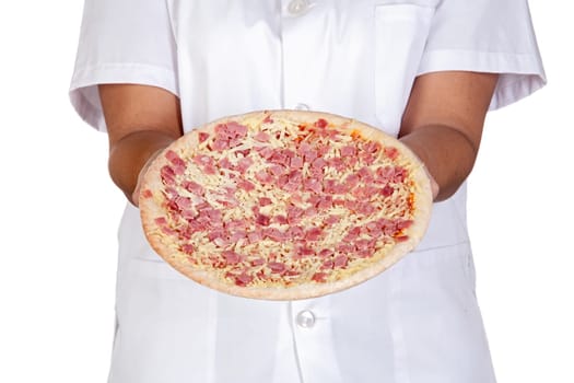 Pretty cook girl with a delicious pizza