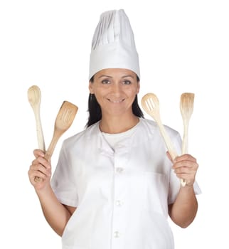 Pretty cook girl with wooden cookware