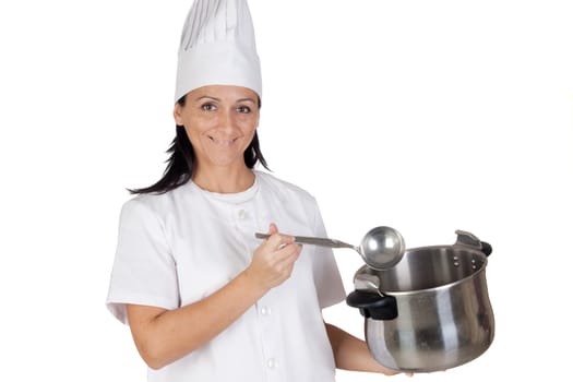 Pretty cook girl thinking with a pot and