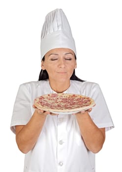 Pretty cook girl with a delicious pizza