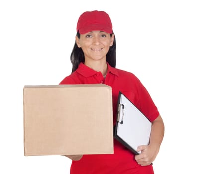 Beautiful dealer with box and clipboard