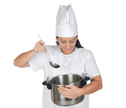 Pretty cook girl thinking with a pot and