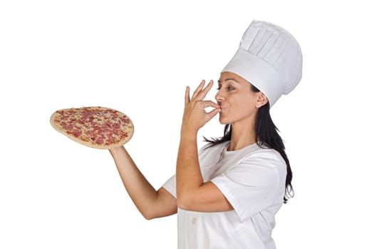 Pretty cook girl with a delicious pizza