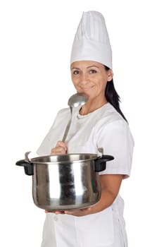 Pretty cook girl thinking with a pot and