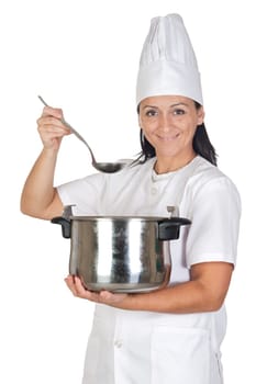 Pretty cook girl thinking with a pot and