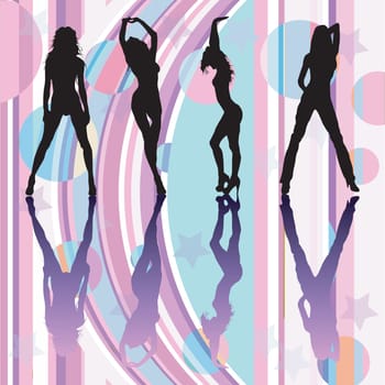 Dancing girls silhouettes on discoteque atmosphere