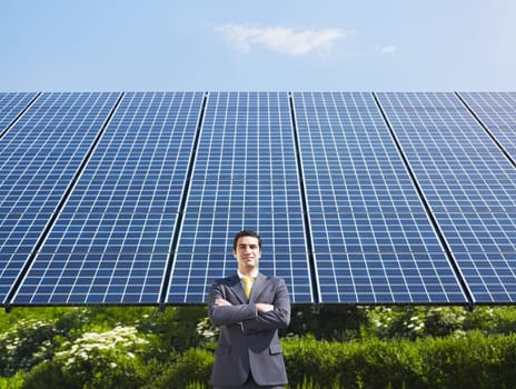 businessman and solar panels