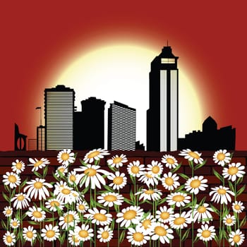 Urban background with sunset over skyscrapers silhouettes and floral bed
