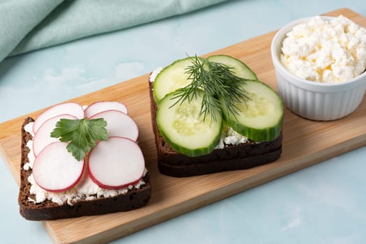 Freshly prepared open-faced sandwiches with cucumbers and radishes served with cottage cheese.