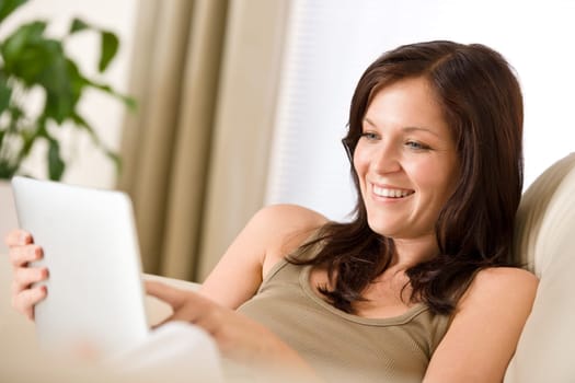 Woman with touch screen tablet computer