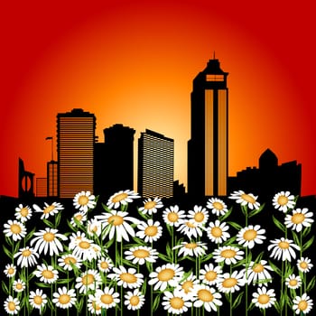 Abstract illustration with flower bed and urban city background
