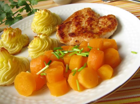 Chicken schnitzel with duchess potatoes