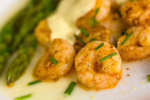 Prawns with baked potatoes,and green