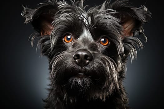 Affenpinscher doggy on black background. Portrait of black Affenpinscher, close up, Studio light photo. Ai generative art