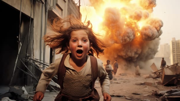 Innocent civilian running away from missile attack in the city. Kids and family escape from surprise military operation with fear and scare.