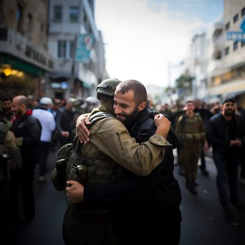 A man from Israel hugging a friend from Palestine after the end of a war conflict. High quality photo