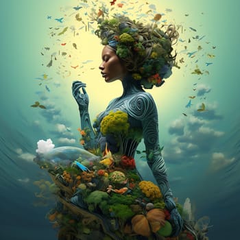 Afo woman with many leaves and birds in the shape of a hat, many colored trees surround her body as if it were a dress. Earth Day. High quality photo