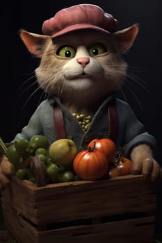 A cute retro farmer cat, holding a wicker basket with tomatoes, stand on dark background