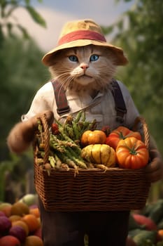 A cute farmer cat is standing in the garden, holding a wicker basket with vegetables.