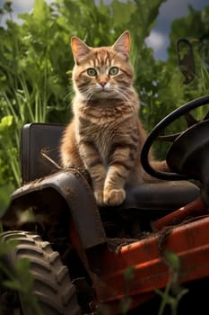 Funny little stripped kitten driver on a red tractor, on the farm