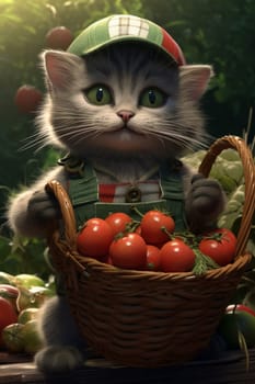 A cute farmer kitten is standing in the garden, holding a wicker basket with tomatoes.