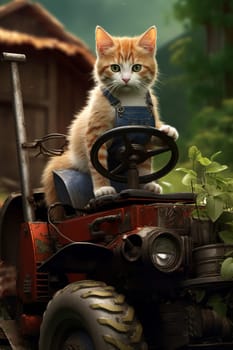 Cute little redhead kitten driver on a red tractor, on the farm