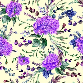 Cute botanical seamless pattern with purple hydrangea flowers, leaves and herbs on a light yellow backdrop for summer girlish designs and textiles. Seamless background made with watercolor and pencil
