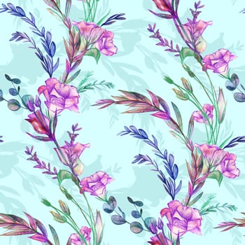 Eustoma twigs drawn with watercolors and pencils. Seamless botanical pattern with purple flowers in vintage style on turquoise backdrop for girlish textiles and surface design