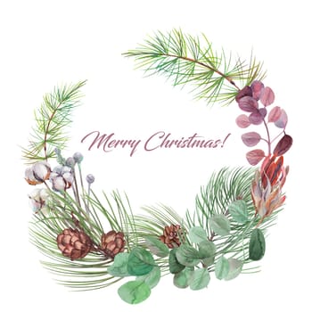Christmas round frame for greeting cards painted in watercolor with winter dried flowers and cones on fir branches isolated on white background