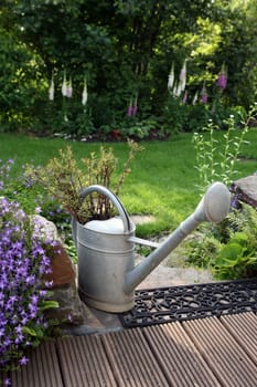 Zinc watering can in the garden