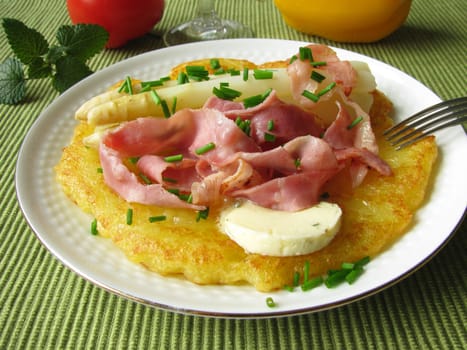 Potato pancakes with ham and sp