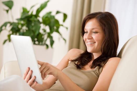 Woman with touch screen tablet computer