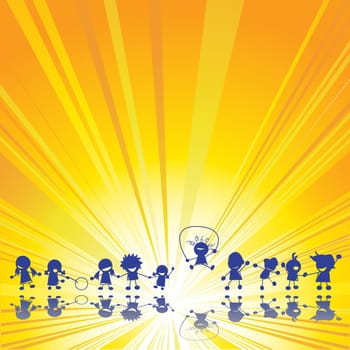 Happy children silhouettes over summer sun rays background