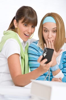 Student at home - two young woman study together