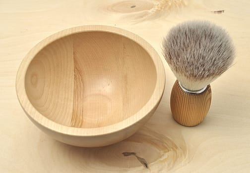 Shaving brush and wooden bowl
