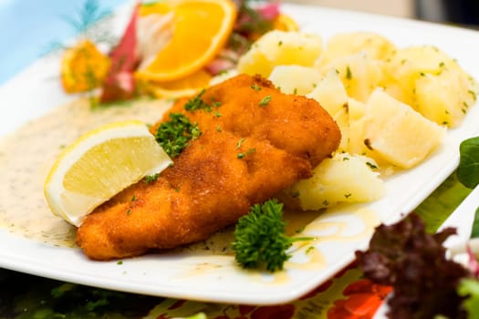 Deep fried fresh Cod Fish with Potato and Sauce