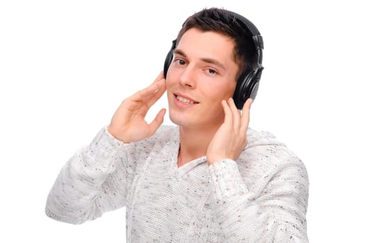 Young man listens to music