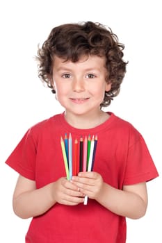 Adorable little boy with many crayons of