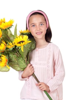 Pretty girl with a bouquet of sunflowers