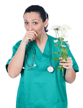 Allergic doctor woman with flowers