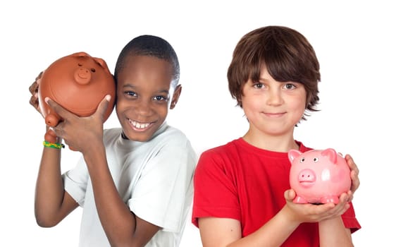 Two happy children with moneybox savings