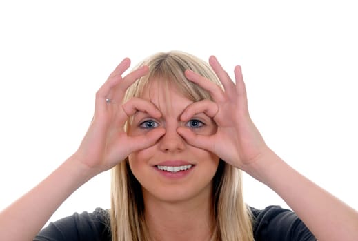 Young woman showing binoculars