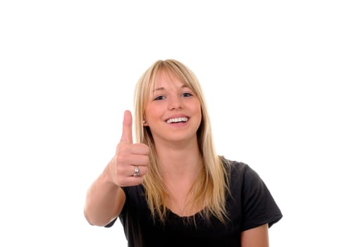 young woman showing thumbs up