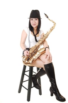 Chinese girl playing the saxophone.