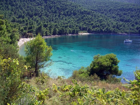 Sailboat anchored in a bay