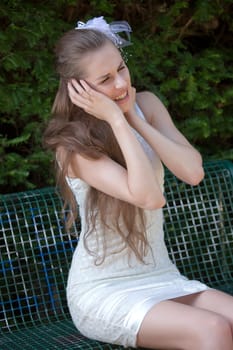 crying bride on bench